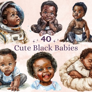 40 PNG Acquerello Cute Black Babies Clipart, Afro Baby Shower Party Illustration Clip art, Nero Neonato png, Sublimazione del bambino addormentato