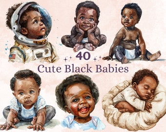 40 PNG aquarel schattige zwarte baby's clipart, Afro baby shower partij illustratie illustraties, zwarte pasgeboren baby png, slapende baby sublimatie