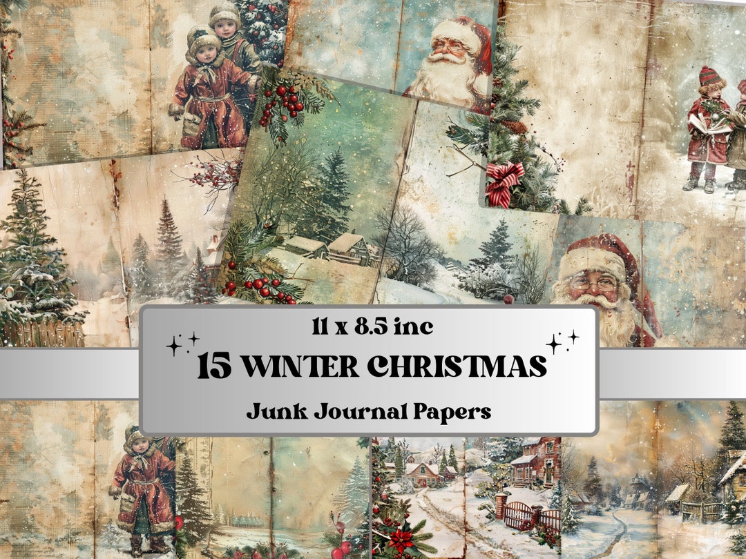Winter Christmas Junk Journal Paper, Double Pages Ephemera Kit, Snowy ...