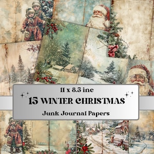 Winter Christmas Junk Journal Paper, Double Pages Ephemera Kit, Snowy Christmas Collage Scrapbook Paper, Printable Horizontal Digital Pages