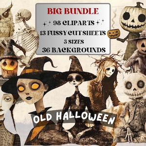 Old Halloween Collage Elements Bundle, Halloween Ephemera Fussy Cut, Vintage Spooky Clipart, Whimsical Junk Journal, Mixed Media Art Sheet