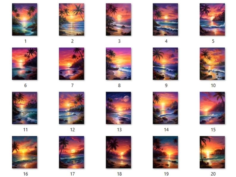 May include: Twenty paintings depicting tropical sunsets. Each artwork shows a beach with palm trees, ocean waves, and a sky in shades of orange, purple, and blue. The paintings are numbered from 1 to 20.