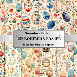 Bezszwowy papier cyfrowy Boho Easter, bezszwowy wzór Boho Easter, tło Boho Spring Garden, rustykalny wzór Easter, papier do scrapbookingu