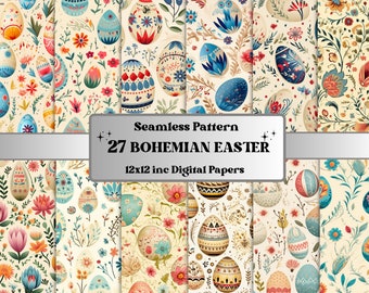 Seamless Bohemian Easter Digital Paper, Boho Easter Seamless Pattern, Boho Spring Garden Background, Rustic Easter Pattern, Scrapbook Paper