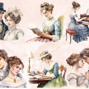 May include: A watercolor illustration of six people in various scenes. The first scene shows a couple in 19th-century clothing. The second scene shows a woman in a blue dress playing a piano. The third scene shows a woman in a blue dress reading a book. The fourth scene shows a couple in 19th-century clothing looking at each other. The fifth scene shows a woman in a green dress writing at a desk. The sixth scene shows a couple in 19th-century clothing embracing.