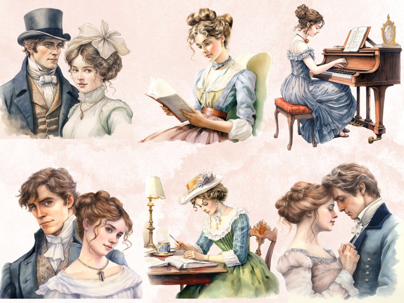 May include: A watercolor illustration of six people in various scenes. The first scene shows a couple in 19th-century clothing. The second scene shows a woman in a blue dress playing a piano. The third scene shows a woman in a blue dress reading a book. The fourth scene shows a couple in 19th-century clothing looking at each other. The fifth scene shows a woman in a green dress writing at a desk. The sixth scene shows a couple in 19th-century clothing embracing.