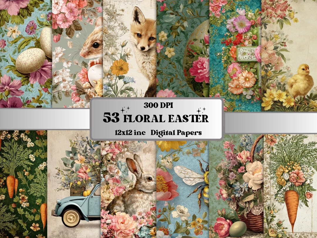 Floral Easter Paper Pack, Mixed Media Quirky Spring, Whimsical Collage ...