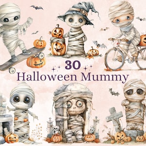 30 PNG Aquarell Halloween Mumie Clipart, niedliche gruselige Halloween Illustration Clip Art, Halloween Charaktere png, gruselige Kürbis Sublimation