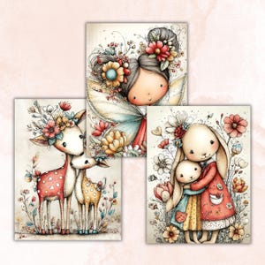 May include: Three watercolor art prints featuring whimsical illustrations. One print depicts a fairy with floral accents, another shows two deer, and the third showcases two bunnies embracing, surrounded by flowers. The prints have a soft, pastel color palette.