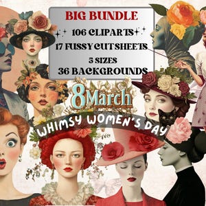Whimsy Women's Day Collage Elements, Whimsical 8 March Fussy Cut, Quirky Surreal Woman Clipart, Floral Junk Journal, Clipart Background