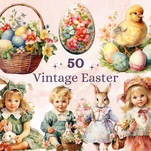 50 PNG Aquarelle vintage Easter Bundle Clipart, Retro Easter Egg Illustrations Clip art, Easter Bunny Sublimation, Floral Spring Ephemera