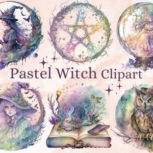 36 PNG aquarel pastel heks clipart, pastel hekserij illustraties, heks illustraties png, magische illustraties, mystieke clipart png, hekserij png