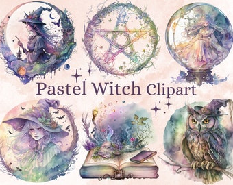 36 PNG Watercolor Pastel Witch Clipart, Pastel Witchcraft Clip art, witch clip art png, magic clip art, mystical clipart png, witchcraft png