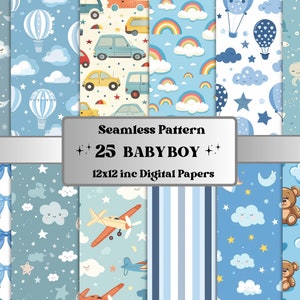Papier à motifs sans couture pour bébé garçon, Papiers éphémères bleus pour chambre de bébé garçon, Pages sans couture pour nouvelle fête prénatale, Fond de bébé garçon, Motifs ours en peluche