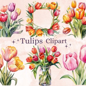 32 PNG Watercolor Tulips Clipart, Tulip PNG Clip Art Bundle, Spring Floral Clipart, Colorful Tulip Print Instant Download, Tulip Sublimation