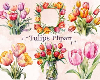 32 PNG Watercolor Tulips Clipart, Tulip PNG Clip Art Bundle, Spring Floral Clipart, Colorful Tulip Print Instant Download, Tulip Sublimation