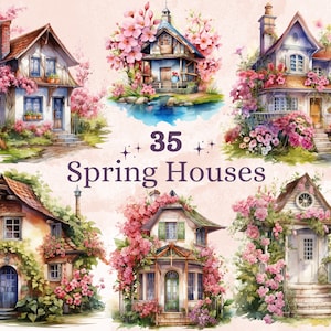 35 PNG Watercolor Spring Houses Clipart, Floral Spring House Illustrations Clip art, Blooming Fairy House Png, Rustic Cottage Sublimation