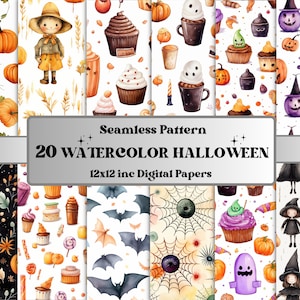 Seamless Watercolor Halloween Digital Paper Pack, Spooky Witchcraft Pumpkin Seamless Pattern, Halloween Background, Fantasy Scrapbook Papers