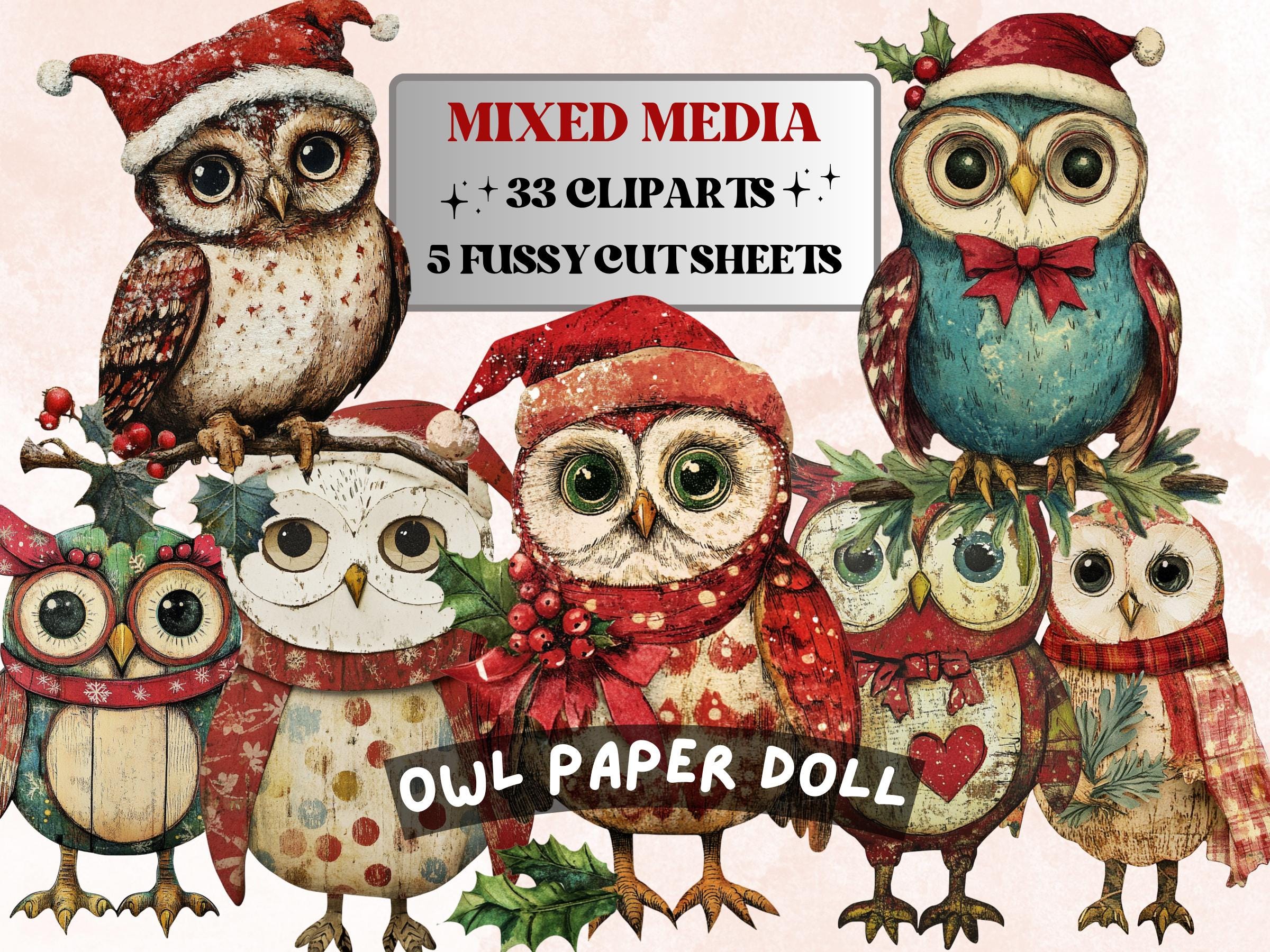 Christmas Owl Doll Mixed Media Clipart, Retro Xmas Owls Fussy Cut Collage Sheet, Paper Doll Cut Out