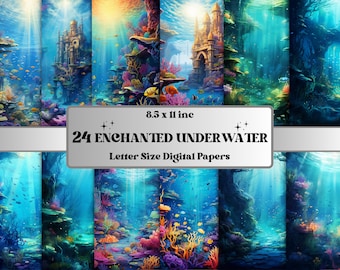 Printable Enchanted Underwater Digital Paper, Under the Sea Background, Nature Ocean Landscape Backdrop, Download Junk Journal, Scrapbooking