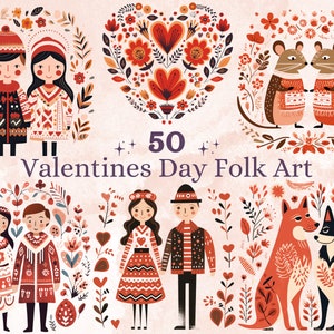 50 PNG acquerello San Valentino Folk Art Clipart, illustrazioni di cuori di San Valentino scandinavo Clip art, amore coppia Png sublimazione