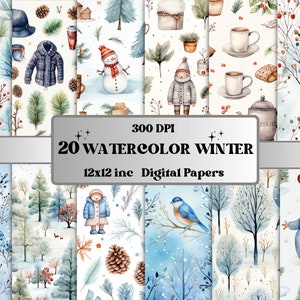 Carta digitale invernale stampabile per acquerello, Effimera del Paese delle meraviglie invernali, Pagine invernali innevate, Scarica diario spazzatura, Scrapbooking, Creazione di carte