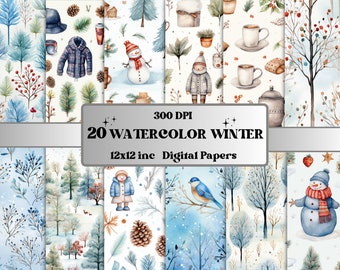 Printable Watercolor Winter Digital Paper, Winter Wonderland Ephemera, Snowy Winter Pages, Download Junk Journal, Scrapbooking, Card Making