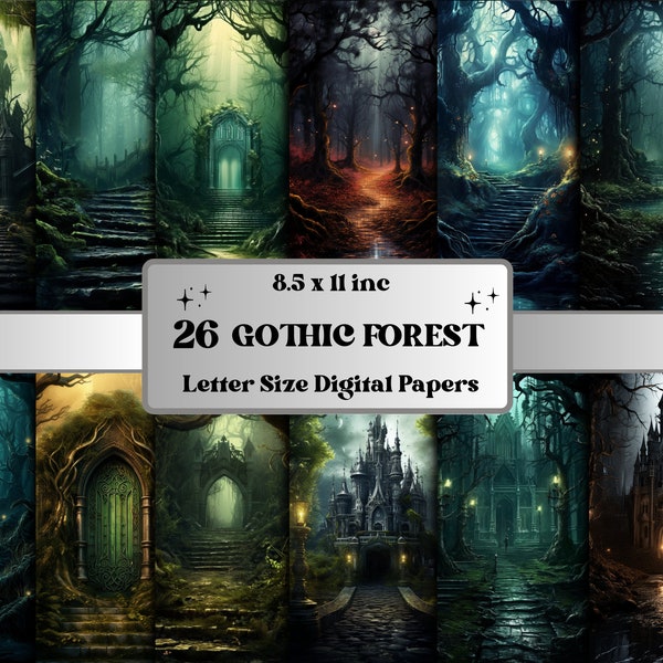 Printable Gothic Forest Digital Paper, Enchanted Dark Forest Background, Fantasy Landscape Backdrop, Download Junk Journal, Scrapbooking
