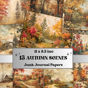 Herfstscènes ongewenste dagboekpapier, herfstbospagina's Ephemera-kit, herfstcollage plakboekpapier, afdrukbare tuin horizontale digitale pagina's
