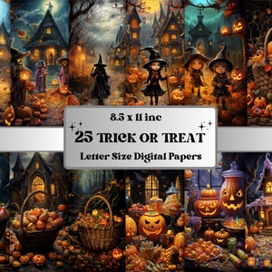 Druckbare Süßes oder Saures digitales Papier, Vintage Halloween Hintergrund, Halloween Kinder Szenen Seiten, Download Junk Journal, Scrapbooking, Karte