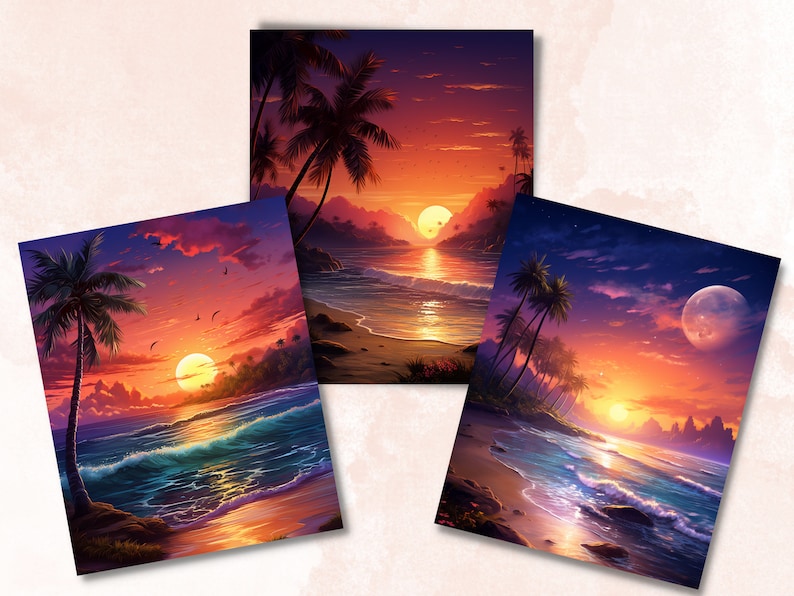 May include: Three square art prints showcasing tropical beach scenes at sunset. The artwork features palm trees, ocean waves, and a vibrant sky with shades of orange, purple, and blue. The sun is setting over the water, creating a warm, inviting atmosphere.