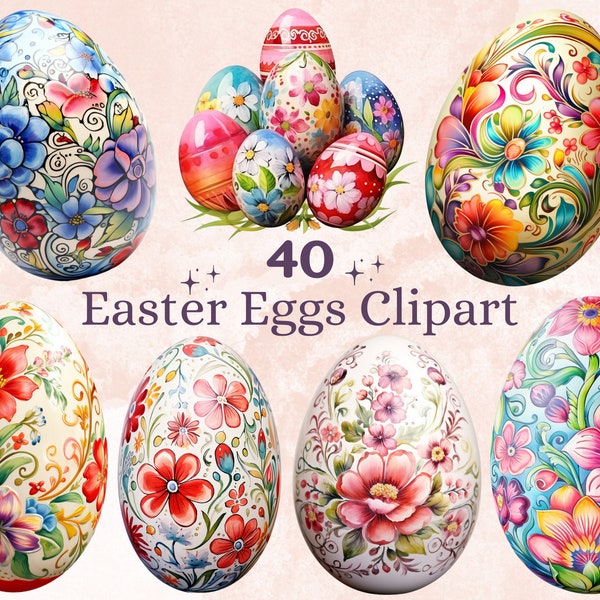 40 PNG Aquarell Ostereier Clipart, Floral Ostern bemalte Ei Illustrationen Clip Art, Osternest Sublimation, Frühling Secret Garden Png