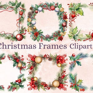 24 PNG aquarel Christmas Frames Clipart, Merry Christmas Holiday Wreath Clip art, Winter Greenery Border png, Xmas Noel Sublimation