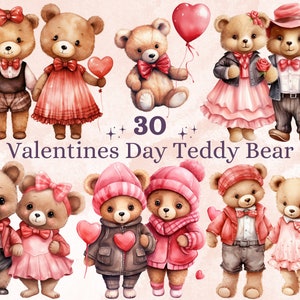 30 PNG Watercolor Valentine&#39;s Day Teddy Bear  Clipart, Valentines Day Bear Couple Illustrations Clip art, Cute Love Animals Png Sublimation