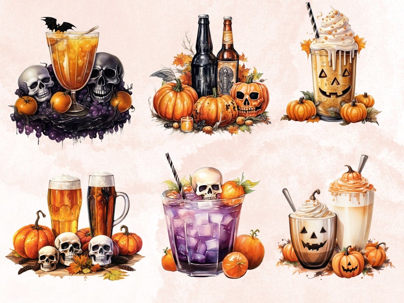 50 PNG Watercolour Halloween Drink Clipart, Pumpkin Spice Latte Illustrations Clip art, Halloween Coffee png, Trick or Treat Sublimation