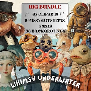 Whimsy Underwater Collage Elements, Surreal Under the Sea Fussy Cut, Quirky Underwater Clipart, Whimsical Junk Journal, Mixed Media Sheet