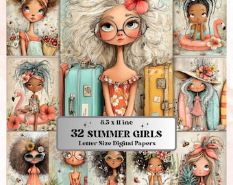 Whimsical Summer Girls Digital Paper | Boho Junk Journal Scrapbook Printable Pack, 32 Sheets Letter Size Instant Download