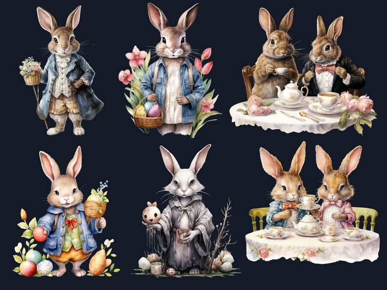 40 PNG Watercolor Easter Bunny Clipart, Floral Easter Rabbit Illustrations Clip art, Garden Farmer Bunny Sublimation, Rabbit Tea Party Png