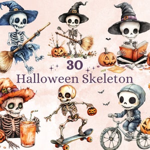 30 PNG Aquarell niedliche Halloween-Skelett Clipart, niedliche gruselige Illustrationen Clip Art, Kawaii lustige Skelett Png, gruselige Saison Sublimation