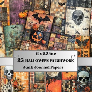 May include: A selection of 25 Halloween patchwork junk journal papers. The papers feature pumpkins, bats, skulls, and butterflies in orange, black, and brown hues. The papers measure 27.9 x 21.6 cm.