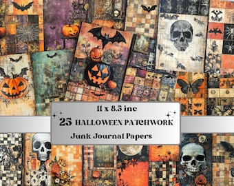May include: A collection of 25 Halloween-themed patchwork junk journal papers. The papers feature pumpkins, bats, skulls, and butterflies in a variety of colors, including orange, black, and brown. The papers are 11 x 8.5 inches in size.
