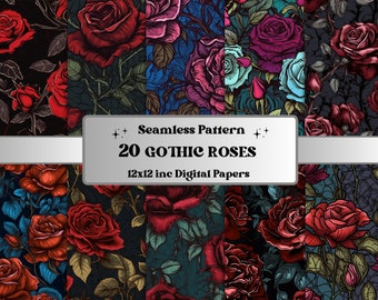Papel digital de rosas góticas sem costura, padrão sem emenda de rosas góticas, pacote de papel de colagem de fantasia escura, texturas florais, diário de lixo gótico