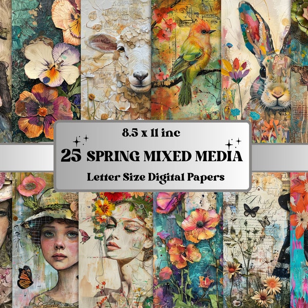 Whimsical Spring Mixed Media Art, Junk Journals Mixed Media Collage Easter Crafts, Spring Flowers Ephemera, Easter Digital Scrapbook Paper