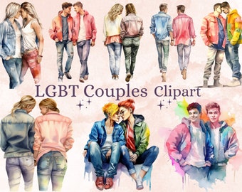 20 PNG Watercolour LGBTQ+ Couples Clipart Bundle, LGBT Pride Month Files Png Bundle, Love Couple clipart, Rainbow clip art, Gay Festival Set