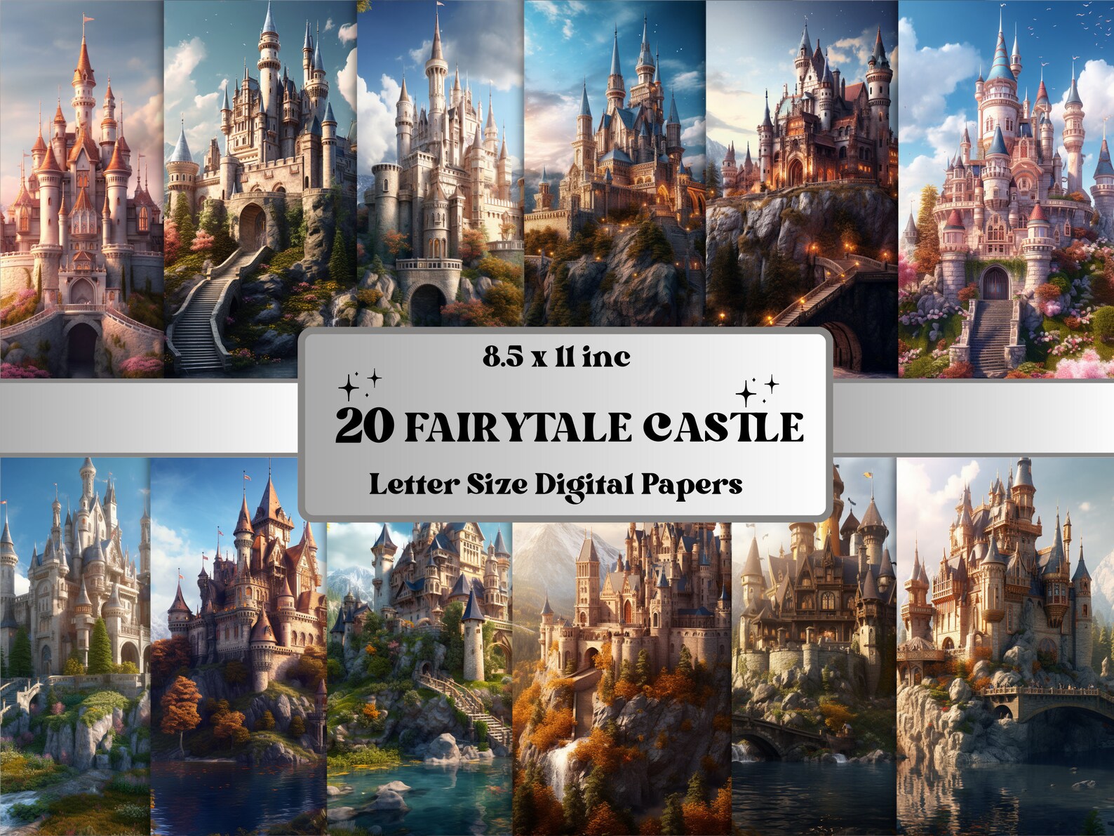 Printable Fairytale Castle Digital Paper, Princess Castle Background ...