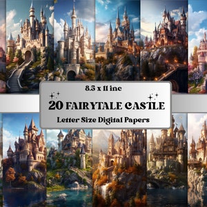 印刷可能なおとぎ話の城のデジタルペーパー、プリンセス城の背景、おとぎ話のカード、プリンセスジャンクジャーナルキット、ファンタジースクラップブッキング