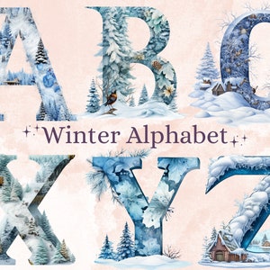 26 PNG acuarela invierno alfabeto clipart, letras nevadas clip art, fuente del país de las maravillas de invierno png, sublimación del alfabeto floral de Navidad