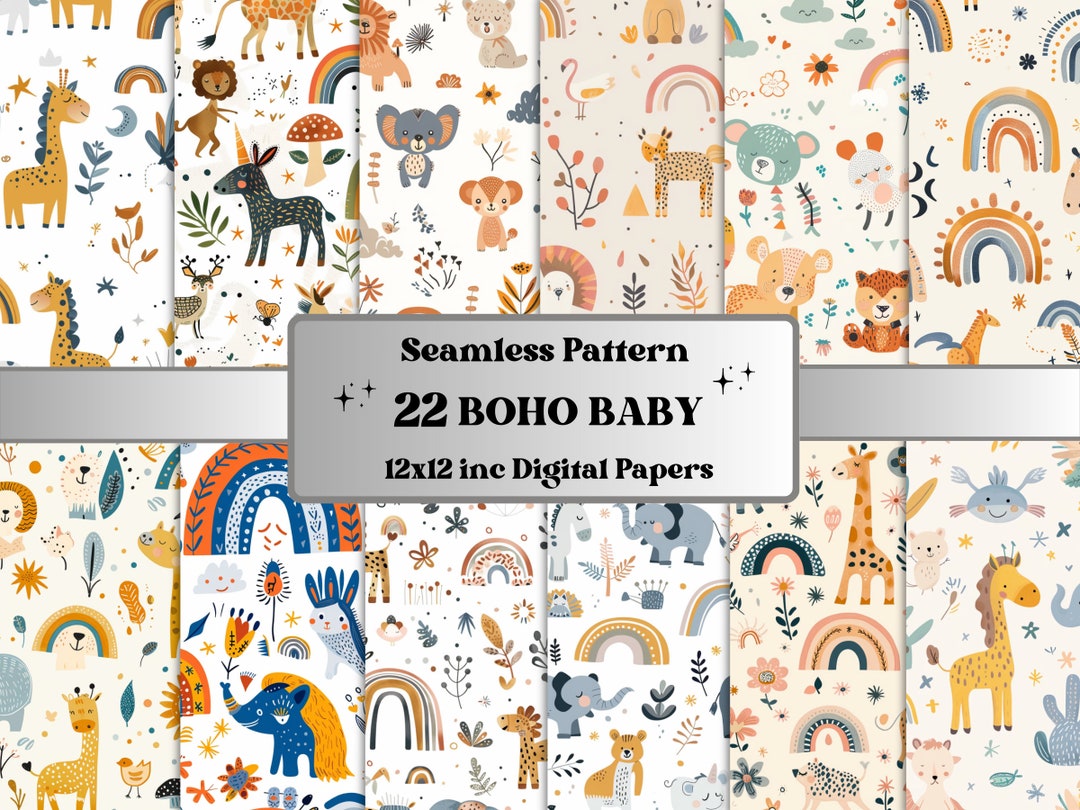Seamless Boho Doodle Pattern Paper, Boho Baby Animal Nursery Ephemera ...