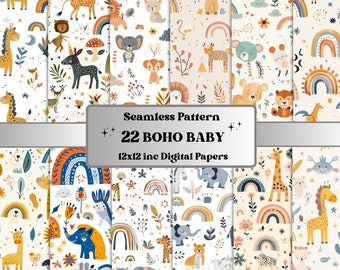 Bezszwowy wzór papieru Boho Doodle, Boho Baby Animal Nursery Ephemera, Bezszwowe strony Baby Shower, Tło dla dziecka, Wzory Boho