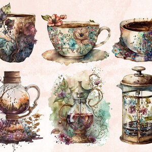 22 PNG Watercolor Coffee Time Clipart, Coffee Clip Art, Coffee Shop Clipart Bundle, Vintage coffee pots, Floral Coffee mugs and cups png set